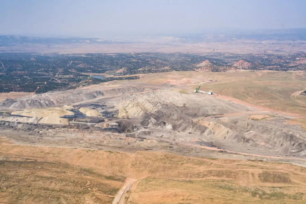 An aerial view of an open pit mine.