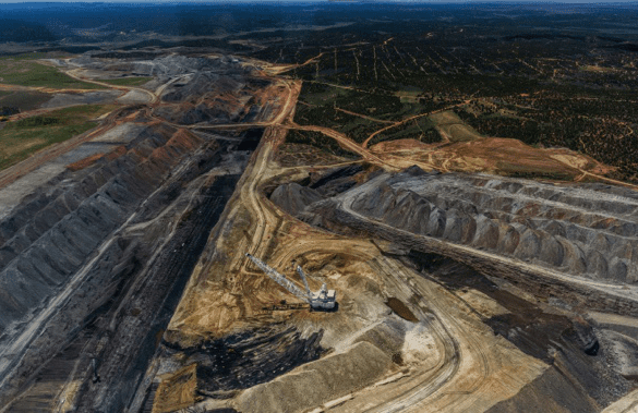 An aerial view of an open pit mine.