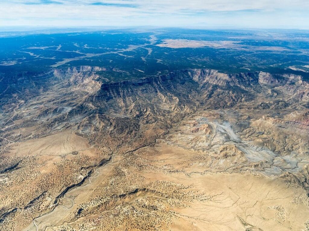 An aerial view of a desert landscape.