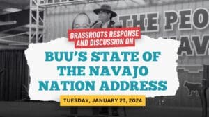 A man in a hat speaking at a podium at an event titled "grassroots response and discussion on buu's state of the navajo nation address" on january 23, 2024.