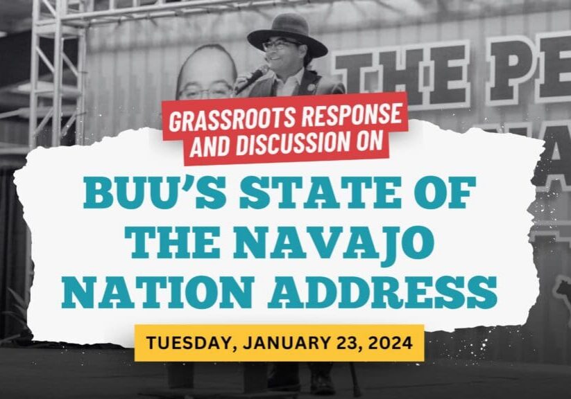 A man in a hat speaking at a podium at an event titled "grassroots response and discussion on buu's state of the navajo nation address" on january 23, 2024.