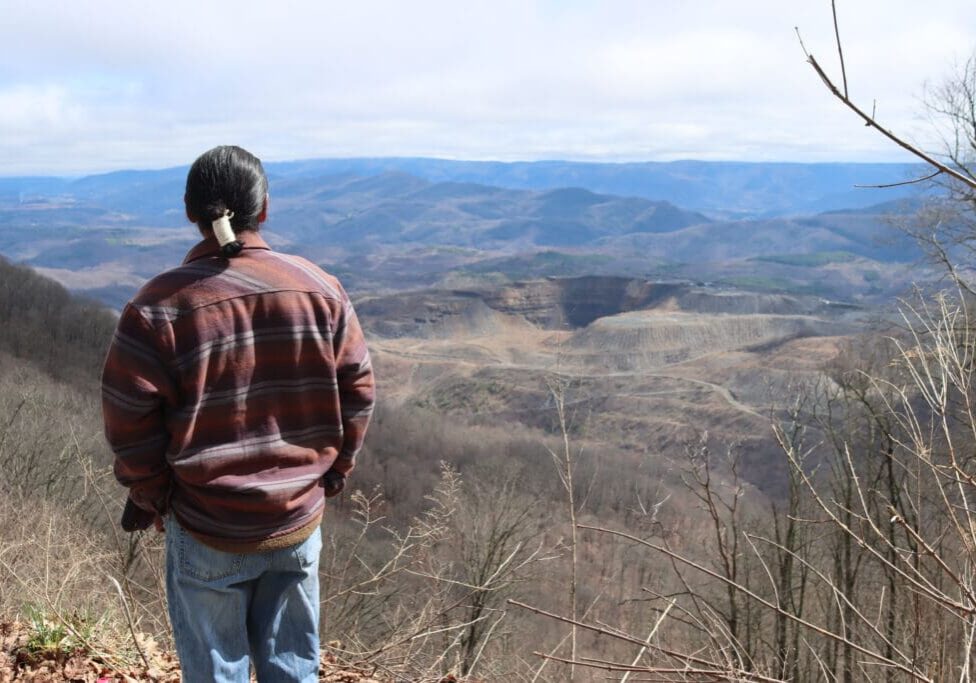 A person in a plaid jacket stands at a scenic overlook enjoying a vast view of rolling hills and bare trees under a cloudy sky.