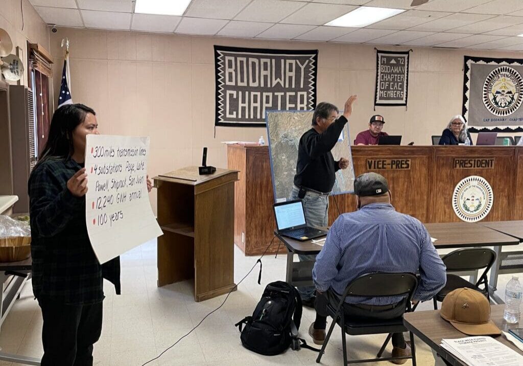 A group of people in a room with a sign in front of them.